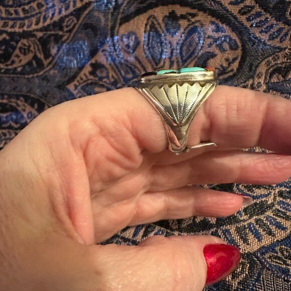 Turquoise Coral Obsidian and Abalone Shell Sterling Silver Ring - Picture 3 of 4